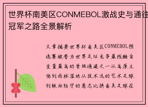 世界杯南美区CONMEBOL激战史与通往冠军之路全景解析
